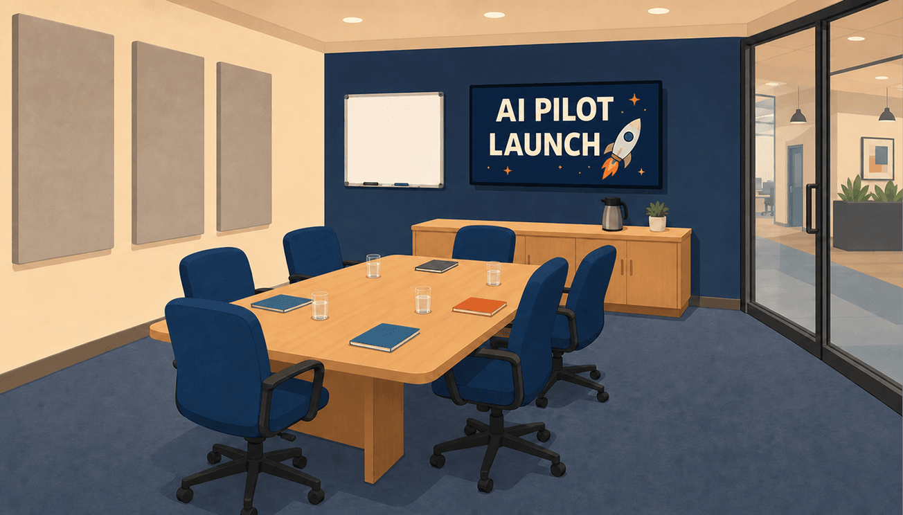 An empty boardroom with a screen on the wall reading AI Pilot Launch