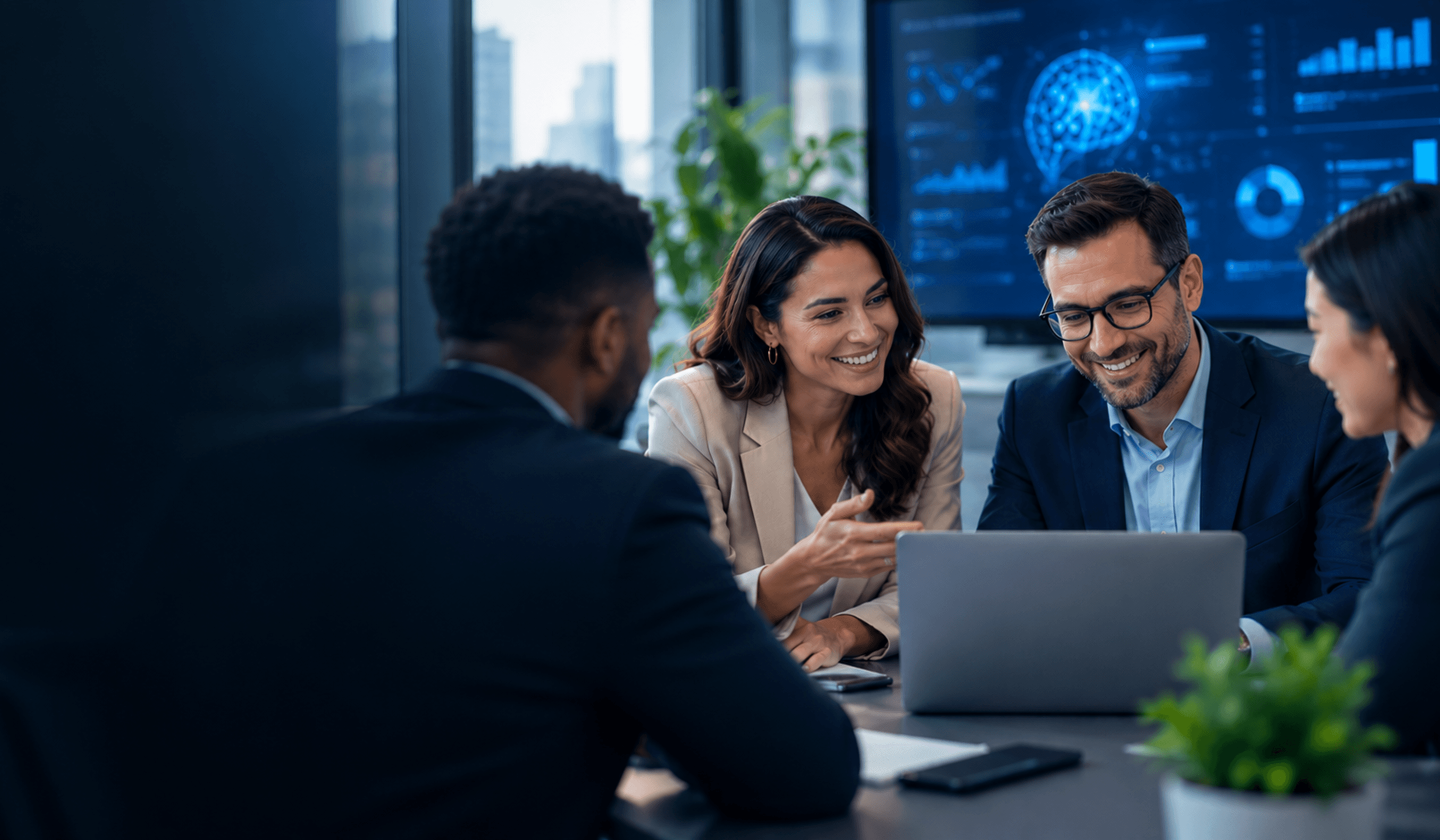 Colleagues smiling as they review AI dashboards on a laptop in a meeting room