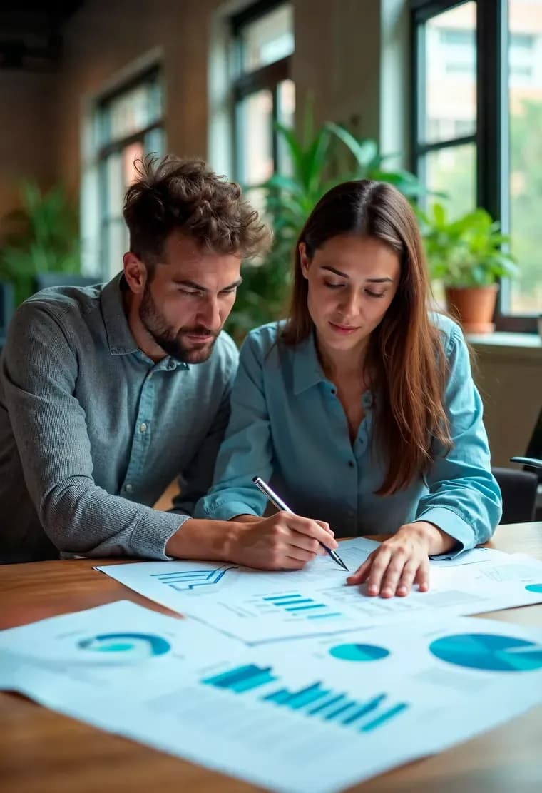 Two colleagues reviewing printed charts and reports at a desk