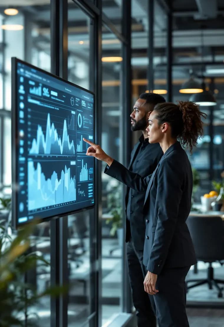 Two colleagues pointing at a data dashboard on a wall-mounted screen