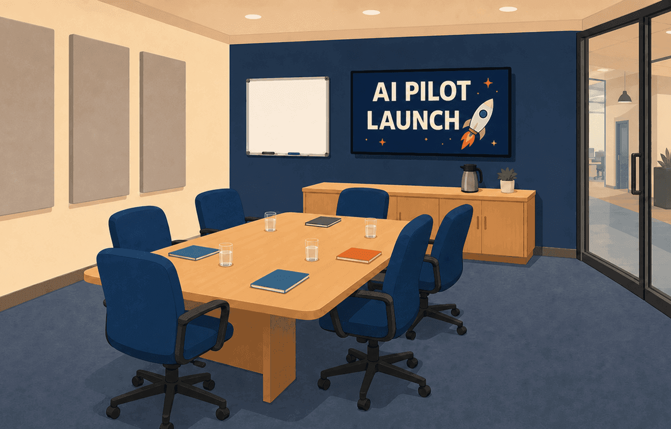 Meeting room prepared for an AI pilot launch